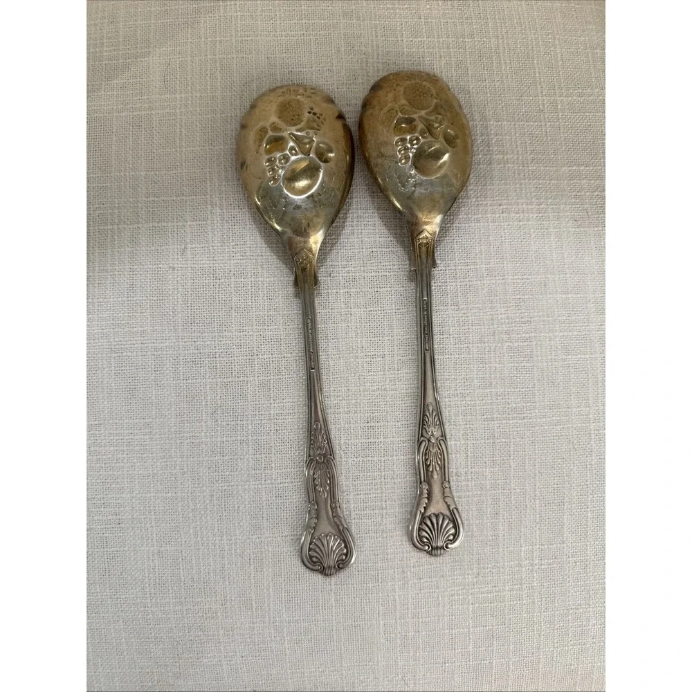 Sheffield England Embossed Fruits Silver and‎ Gold Plated Serving Spoons 8 1/2